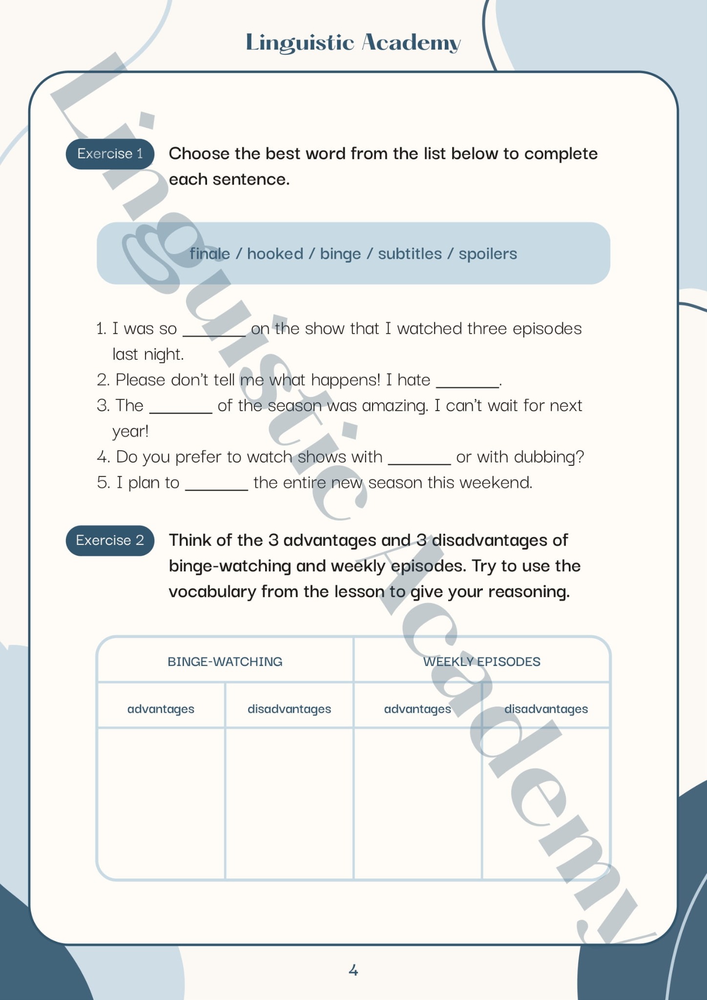 Strona ćwiczeń z angielskiego z zadaniami dotyczącymi słownictwa związanego z oglądaniem seriali, z logo Linguistic Academy w tle.