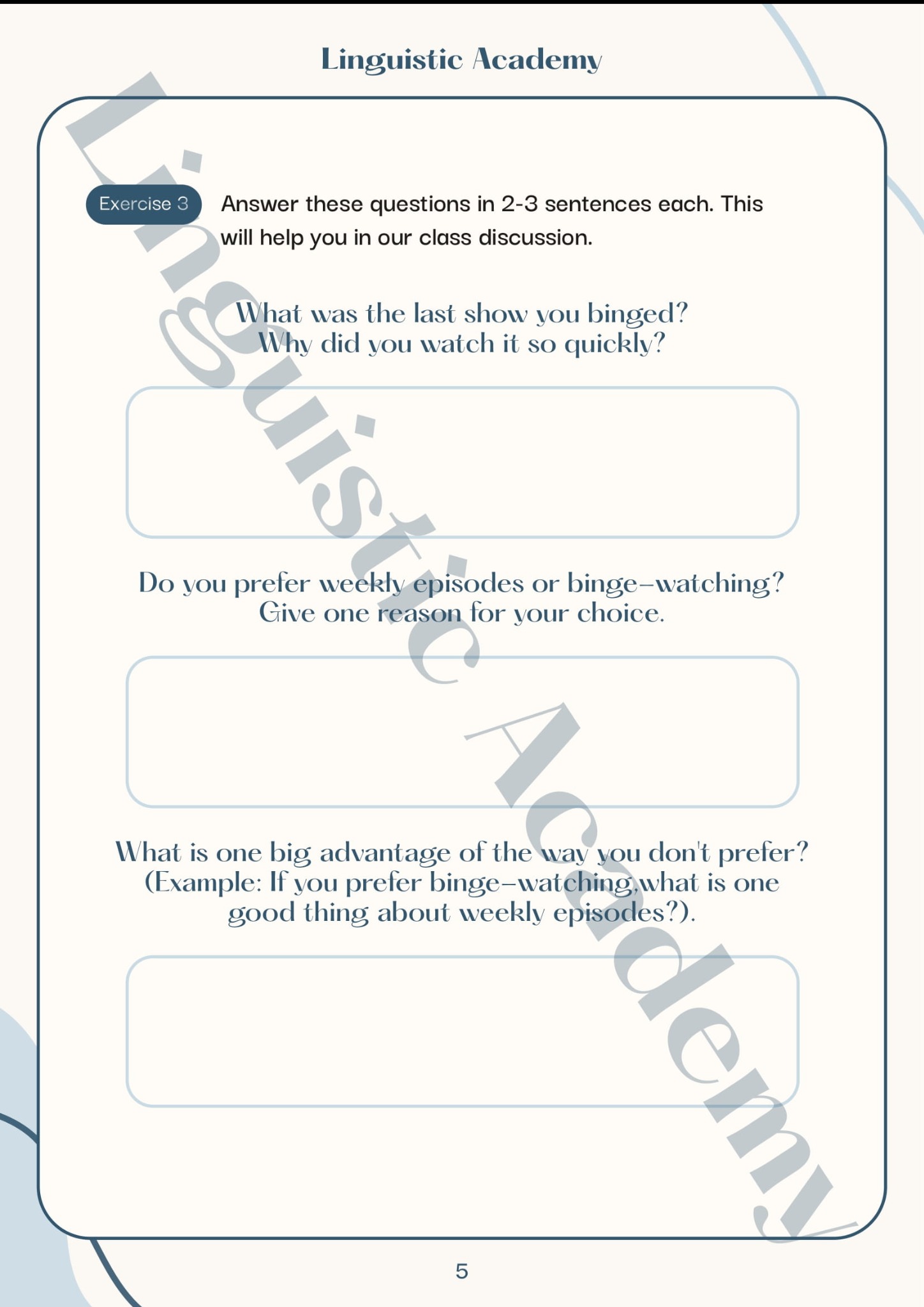 Strona ćwiczeń z pytaniami o preferencje oglądania seriali z Linguistic Academy. Zadanie 3 z pytaniami otwartymi i miejscem na odpowiedź.
