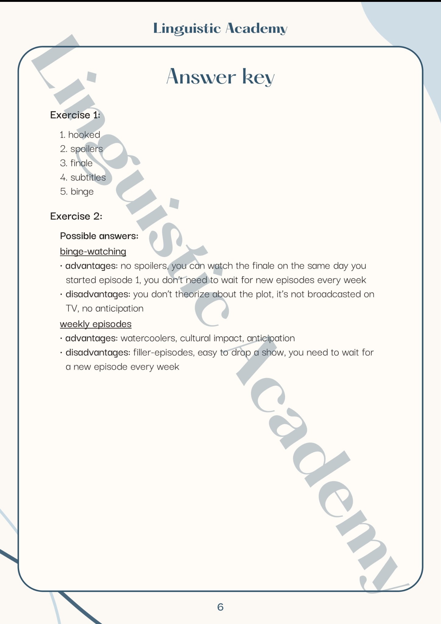 Strona z kluczem odpowiedzi do ćwiczeń z języka angielskiego, dotyczących słownictwa związanego z oglądaniem seriali, z logo Linguistic Academy.