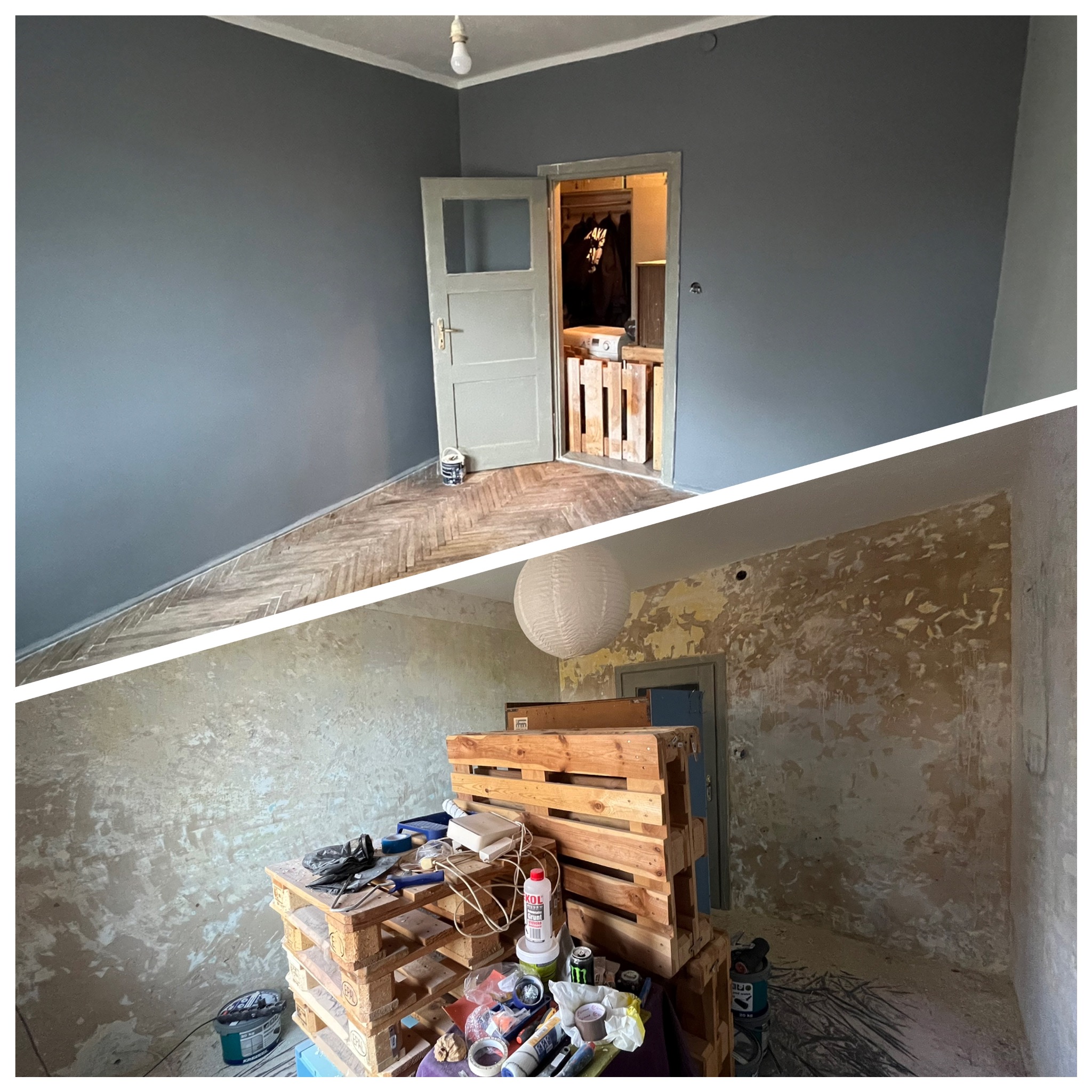 Pokój przed i po malowaniu: górna część ukazuje pomalowane na szaro ściany i odnowioną podłogę, dolna część prezentuje pokój w trakcie przygotowań do malowania.