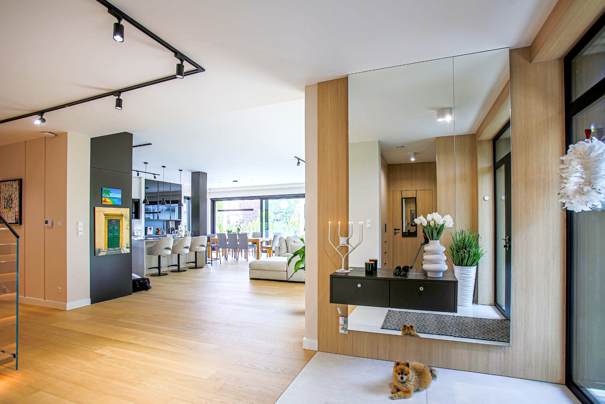 Nowoczesne, przestronne wnętrze domu z otwartą kuchnią i salonem, drewnianą podłogą, lustrem w przedpokoju i psem rasy szpic miniaturowy na pierwszym planie.