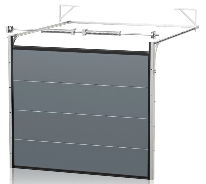 Szara segmentowa brama garażowa z widocznym mechanizmem sprężynowym i prowadnicami, prezentowana na białym tle. Widok od wewnątrz garażu.