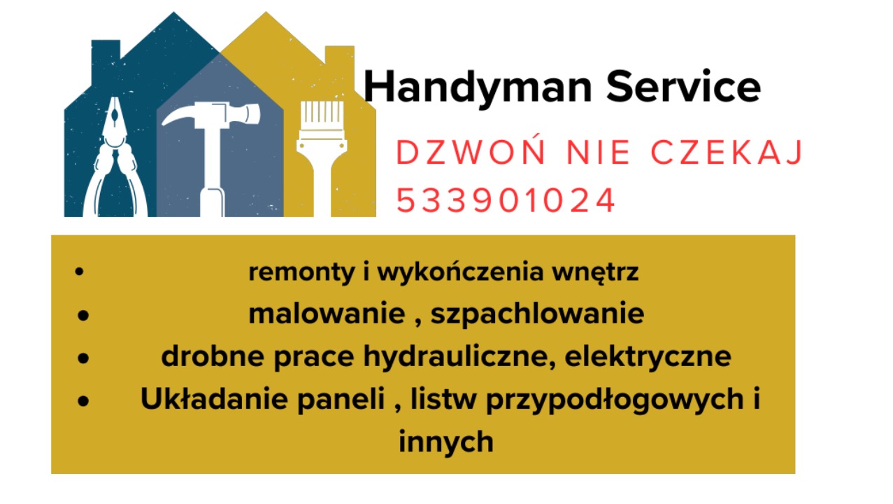 Grafika reklamowa Handyman Service z ikonami narzędzi (szczypce, młotek, pędzel) na tle domków, numerem telefonu i listą usług: remonty, malowanie, hydraulika, panele.