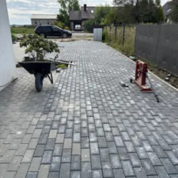 Ułożona szara kostka brukowa na podjeździe domu. W tle widoczny samochód i zieleń. Na pierwszym planie taczka z drzewkiem i narzędzie do cięcia kostki.