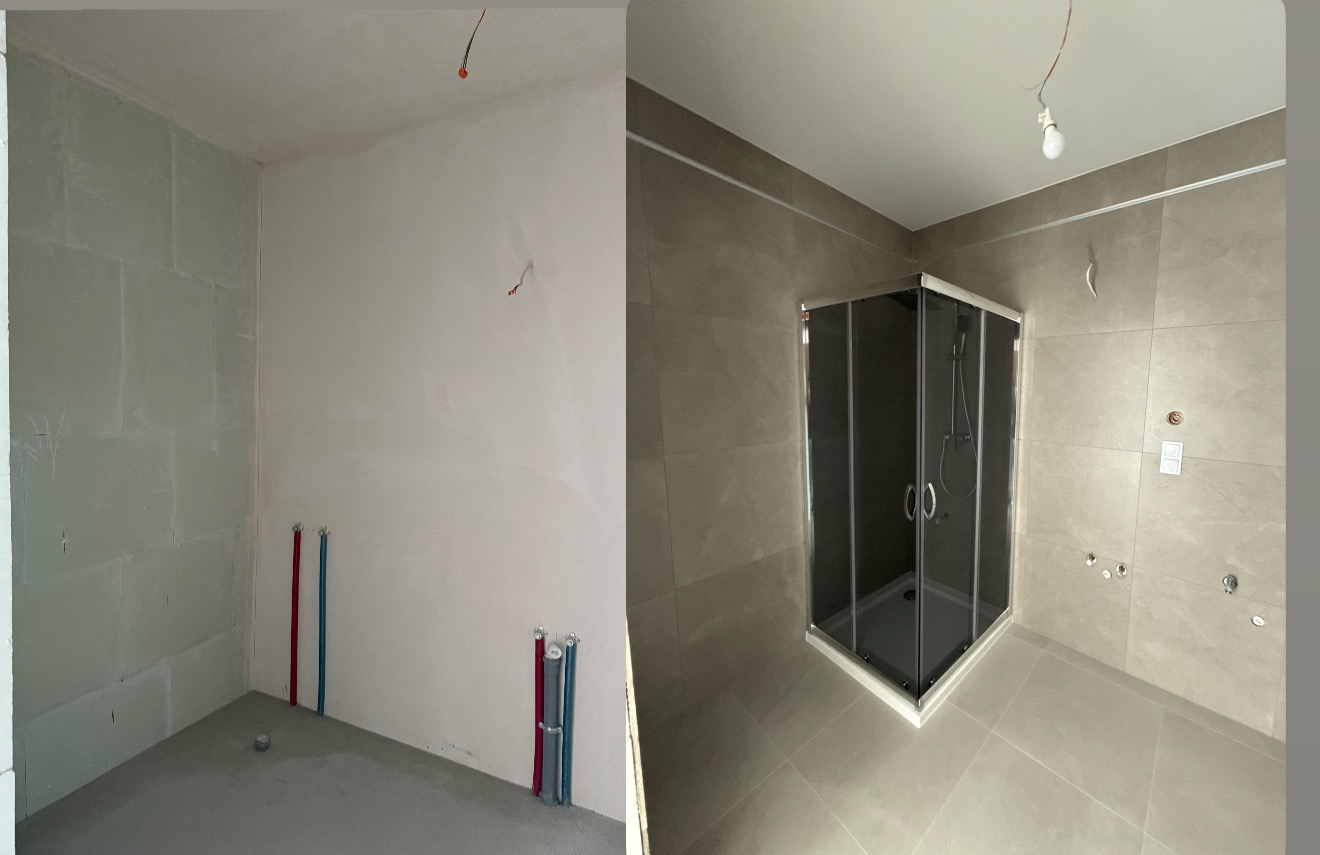 Fotografia 'przed i po' prezentująca metamorfozę łazienki: od surowych ścian z instalacjami do wykończonej przestrzeni z kabiną prysznicową i szarą glazurą.