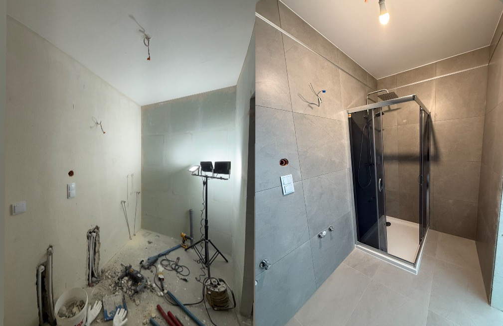 Remont łazienki: widok przed i po. Po lewej: surowe ściany, instalacje. Po prawej: wykończona łazienka z szarą glazurą i kabiną prysznicową.