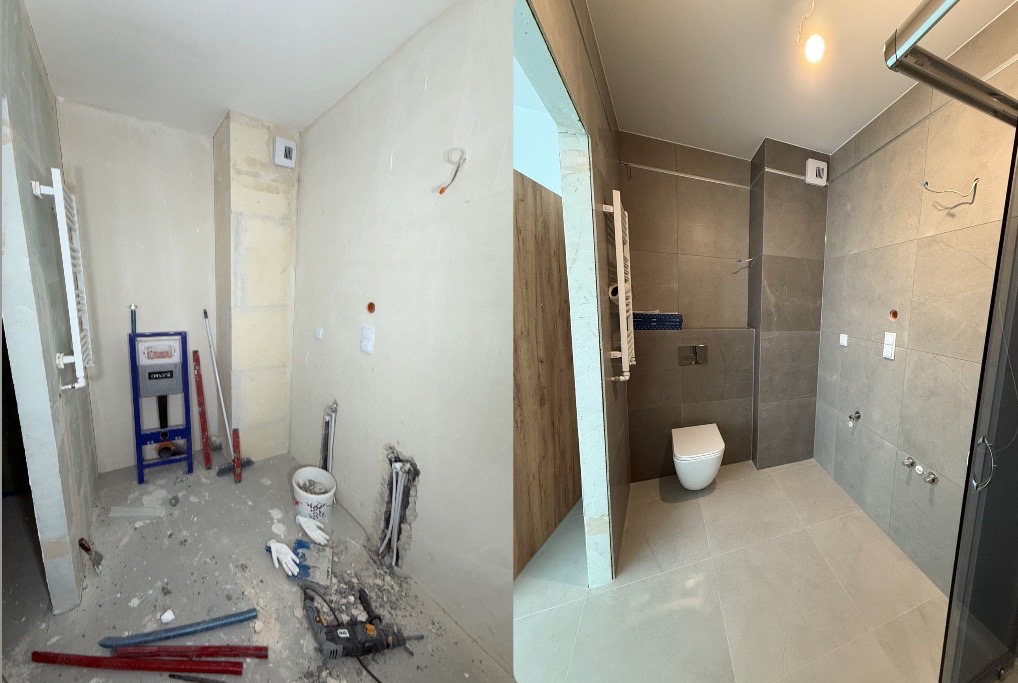 Zdjęcie 'przed i po' prezentujące metamorfozę łazienki: od stanu surowego z narzędziami, do wykończonej, nowoczesnej przestrzeni z szarą glazurą i kabiną prysznicową.