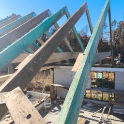 Softwood - Łukasz Wiśniowski - Konstrukcja dachu z drewnianych belek, częściowo pomalowanych na zielono, na tle murowanego budynku w trakcie budowy i błękitnego nieba. Widoczne narzędzia i elementy konstrukcyjne.