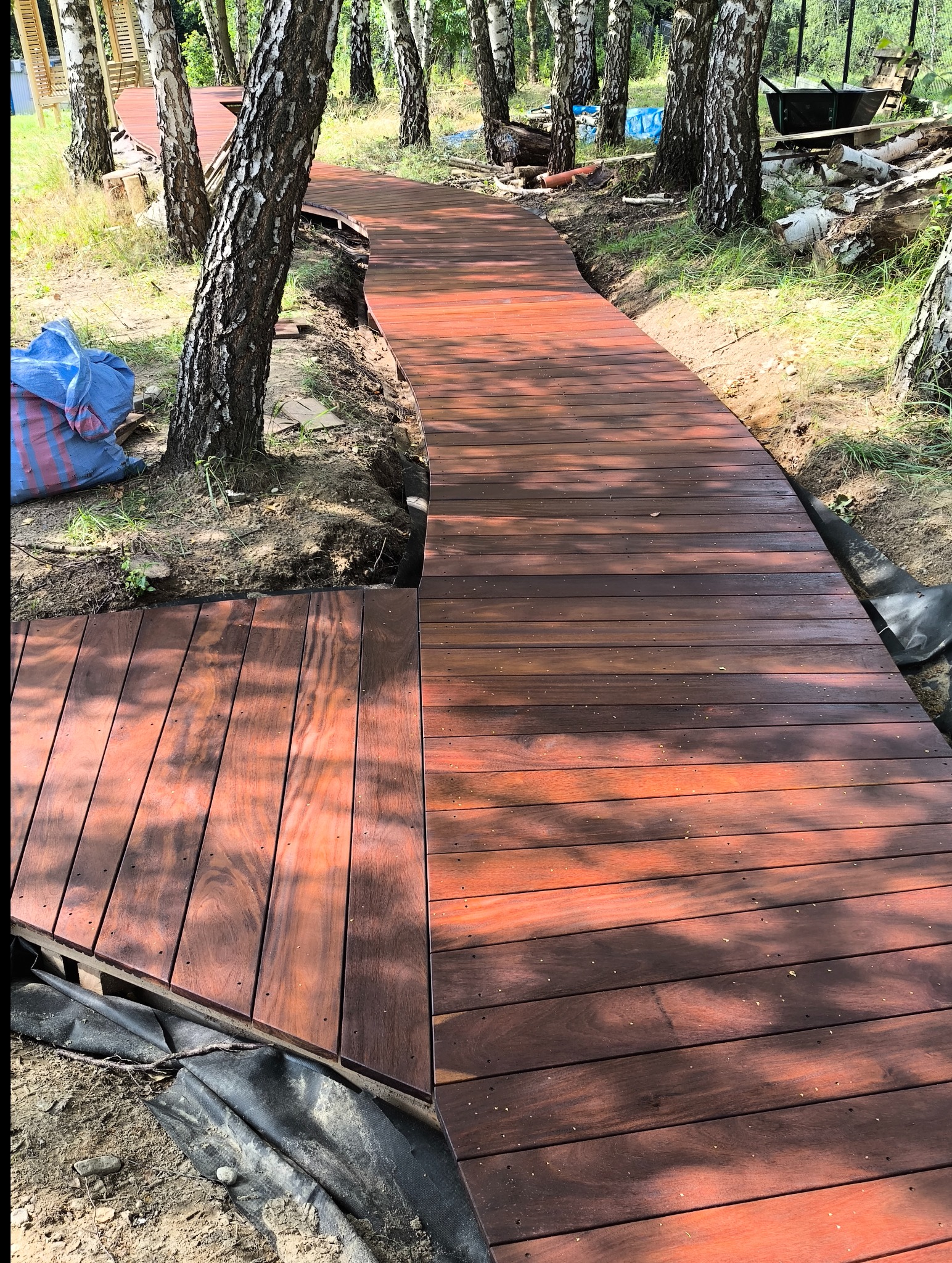 Kręta, drewniana ścieżka z desek w lesie brzozowym, świeżo po montażu. Widoczne elementy konstrukcyjne i przygotowanie terenu. Ciepłe odcienie drewna.