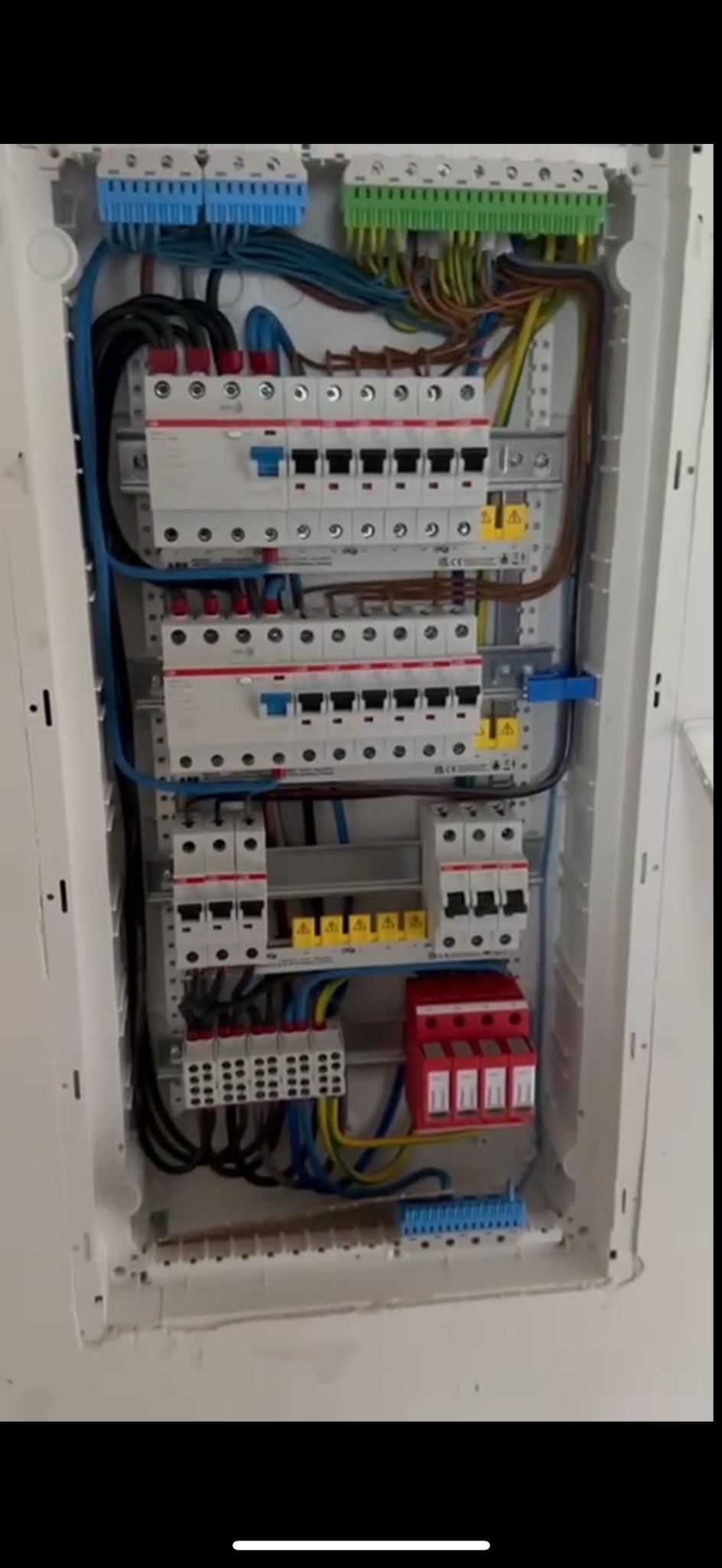 Rozdzielnica elektryczna z bezpiecznikami, przewodami i listwami zaciskowymi w białej obudowie, zamontowana na ścianie. Widoczne zabezpieczenia przepięciowe.