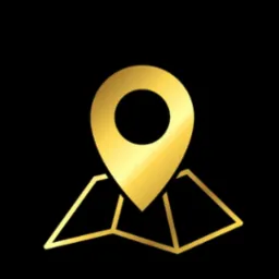 Złota ikona lokalizacji na mapie, na czarnym tle. Grafika wektorowa, minimalistyczny design z gradientem, sugerująca precyzję i nowoczesność w usługach lokalizacyjnych.