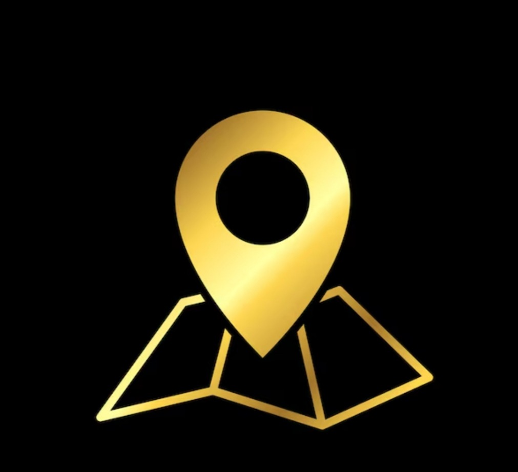 Złota ikona lokalizacji na mapie, na czarnym tle. Grafika wektorowa, minimalistyczny design z gradientem, sugerująca precyzję i nowoczesność w usługach lokalizacyjnych.