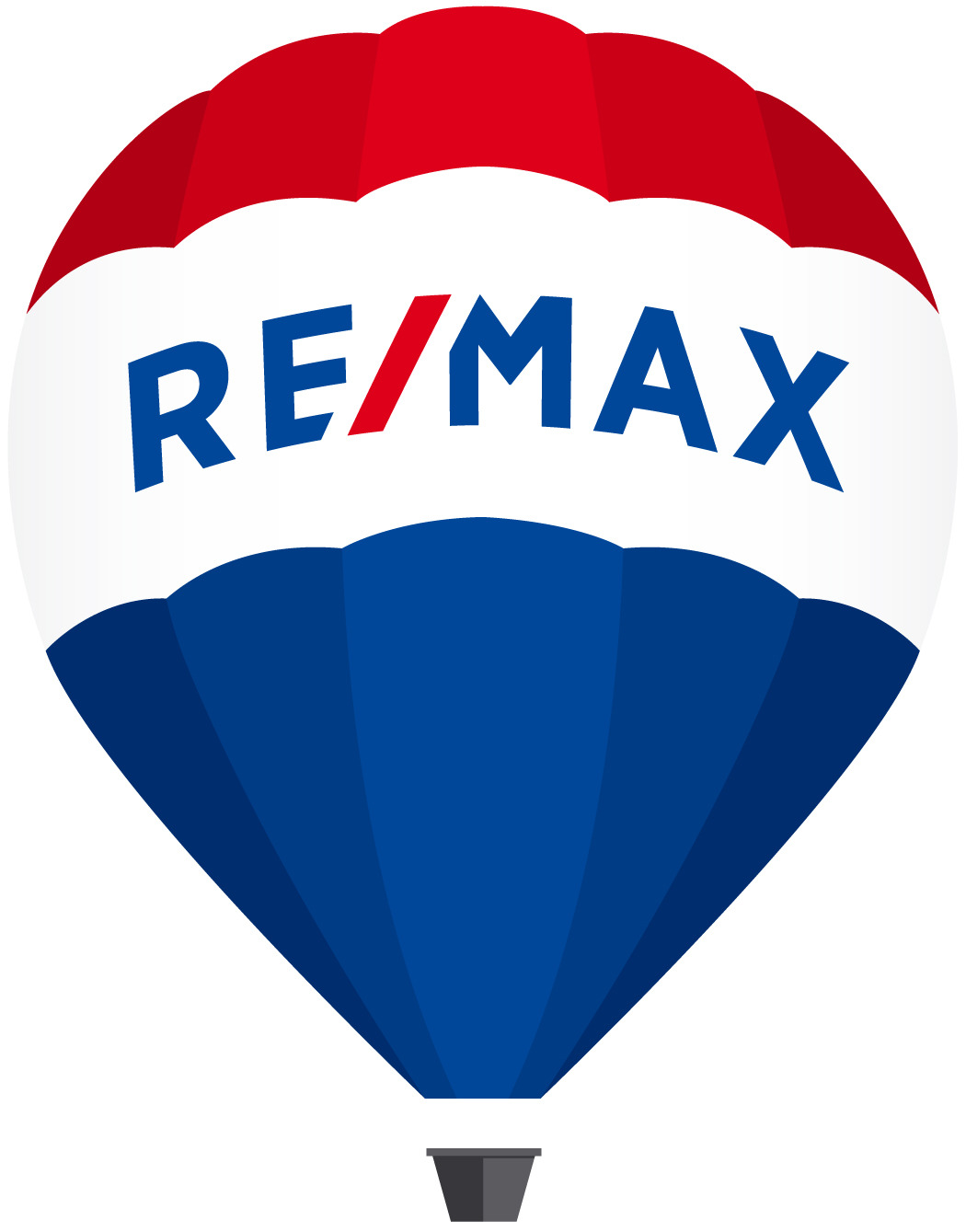 Grafika: Logo Re/Max w kształcie balonu. Górna część czerwona, środkowa biała z napisem, dolna niebieska. Kosz balonu szary. Logo agencji nieruchomości.