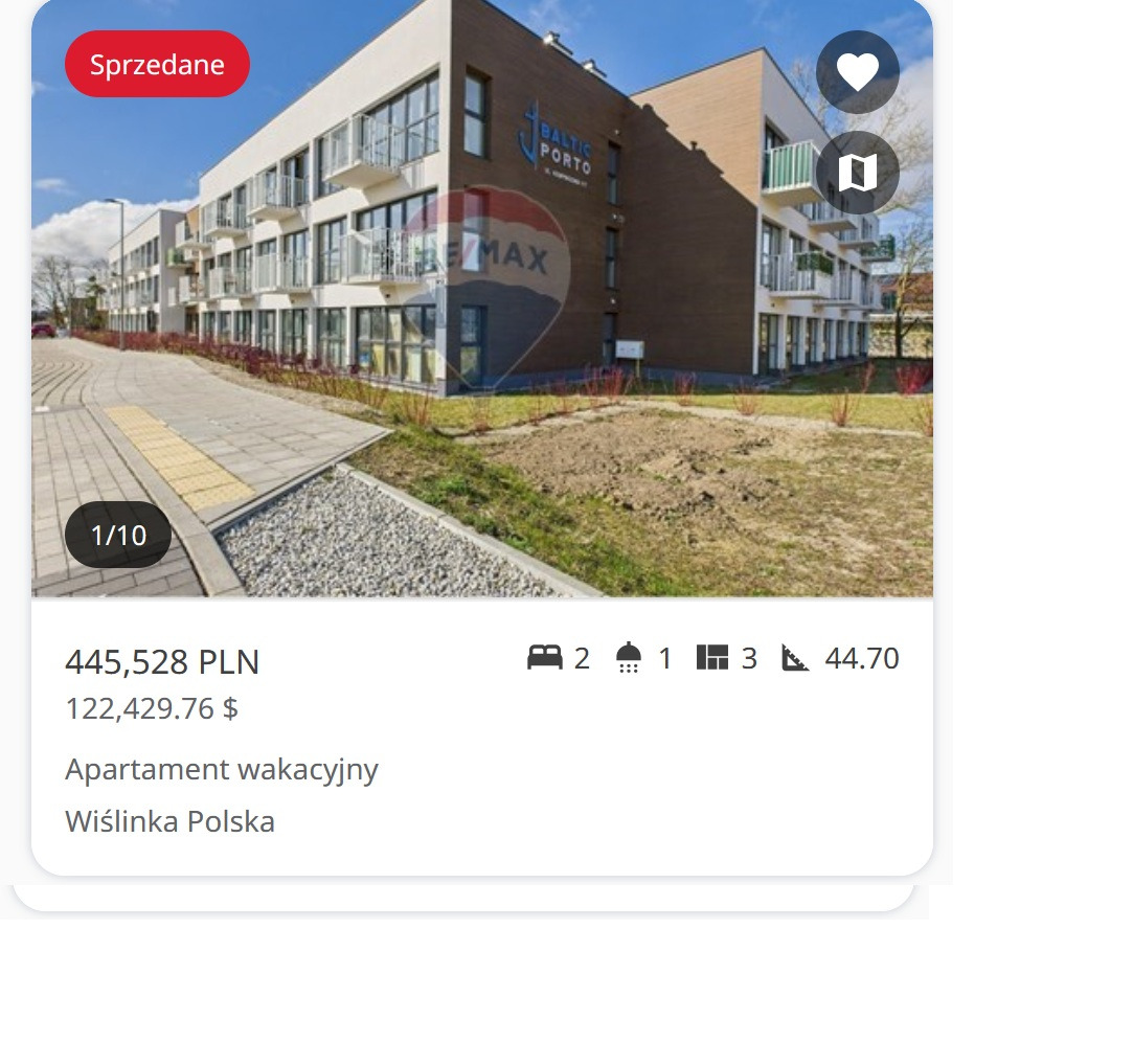 Nowoczesny apartamentowiec Baltic Porto z balkonami, prezentowany z zewnątrz w słoneczny dzień. Widoczny napis 'Sprzedane' i logo RE/MAX.