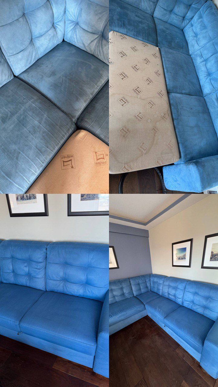 Narożnik tapicerowany w odcieniach błękitu, w układzie 'przed i po' czyszczeniu. Widoczne różnice w kolorze i czystości poszczególnych elementów.