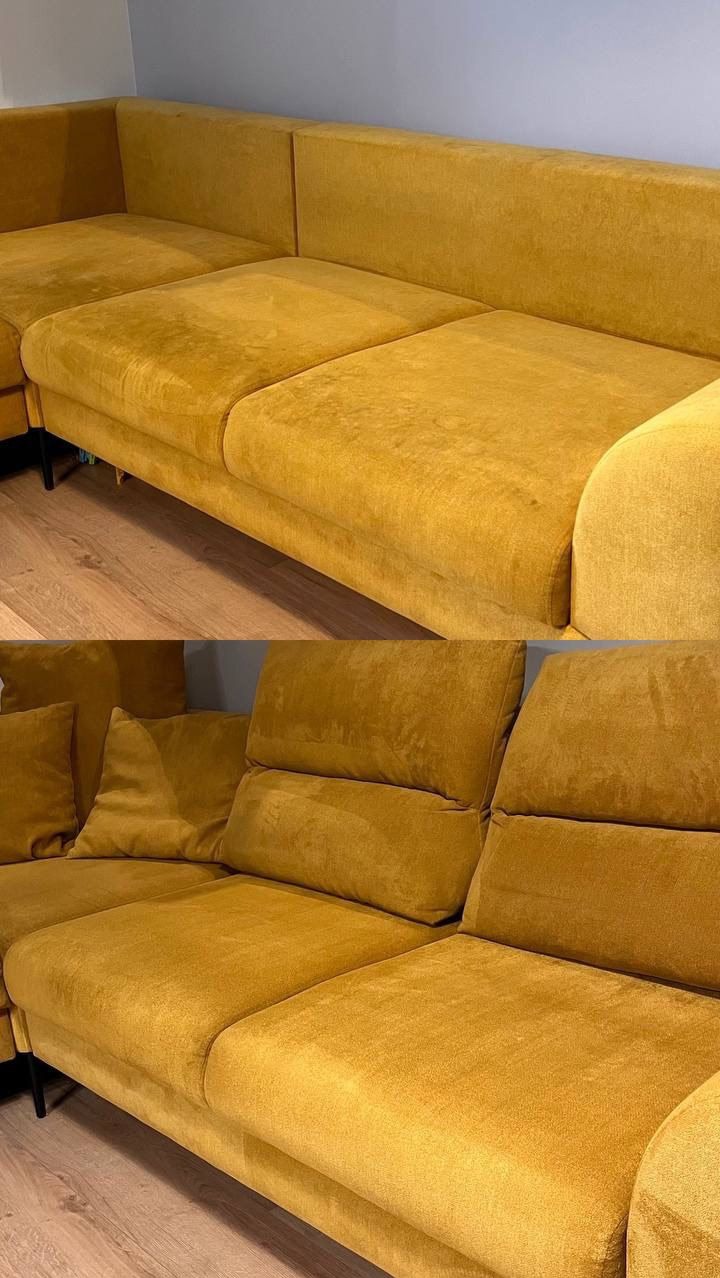 Żółty narożnik tapicerowany: górna część przed, dolna po czyszczeniu. Widoczne różnice w odcieniu i plamach. Czyszczenie tapicerki meblowej.