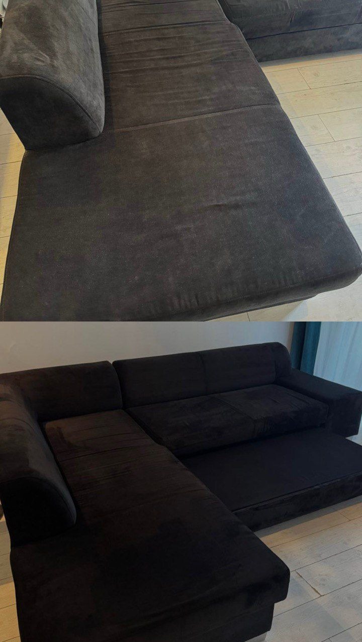 Zdjęcie przedstawia brązową kanapę narożną w układzie przed i po czyszczeniu. Górna część pokazuje zabrudzenia, a dolna kanapę po zabiegu, z widoczną poprawą koloru i czystości.