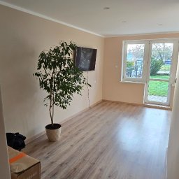 EMSI ZŁOTA RĄCZKA - Jasne wnętrze po remoncie: panele podłogowe, ściany w odcieniach beżu, okno z widokiem na ogród, telewizor na ścianie i roślina doniczkowa. Minimalistyczny wystrój.