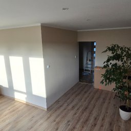 EMSI ZŁOTA RĄCZKA - Jasne wnętrze po remoncie w Inowrocławiu: świeżo pomalowane ściany w odcieniach beżu, panele podłogowe, sofa i roślina doniczkowa. Widoczne światło słoneczne.
