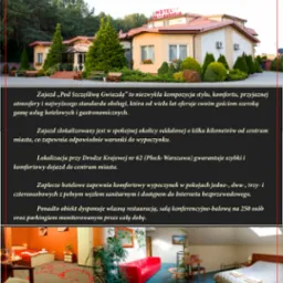Zajazd 'Pod Szczęśliwą Gwiazdą': budynek z restauracją i pokojami, wnętrze pokoju z dekoracją z płatków róż w kształcie serca, oferta hotelowo-gastronomiczna.