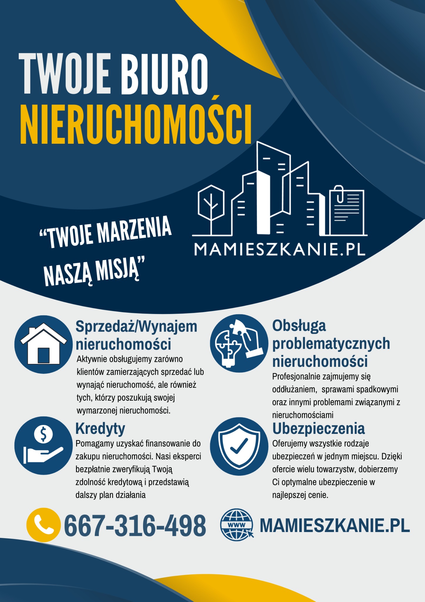 Grafika agencji nieruchomości z hasłem 'Twoje Biuro Nieruchomości', oferującej sprzedaż, wynajem, kredyty i obsługę problematycznych nieruchomości.