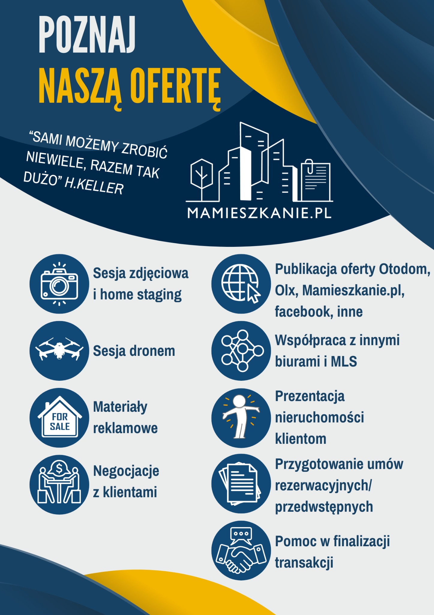 Oferta agencji nieruchomości: sesja zdjęciowa i home staging, sesja dronem, publikacja ogłoszeń, prezentacja nieruchomości, umowy, negocjacje, pomoc w transakcji.