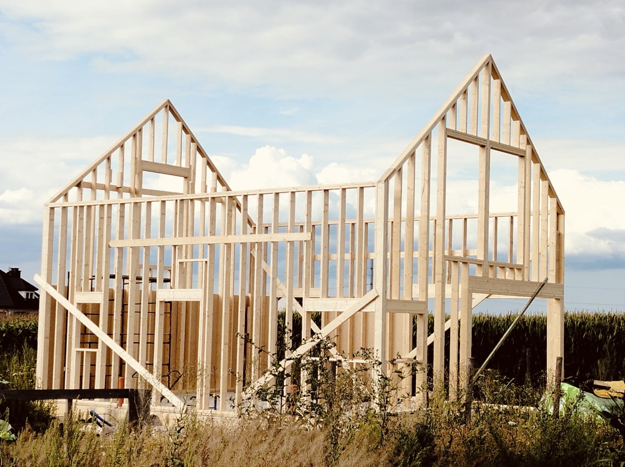 Konstrukcja szkieletowa domu w trakcie budowy, widok z zewnątrz, jasne drewno, błękitne niebo z chmurami w tle. Widoczne detale konstrukcyjne.