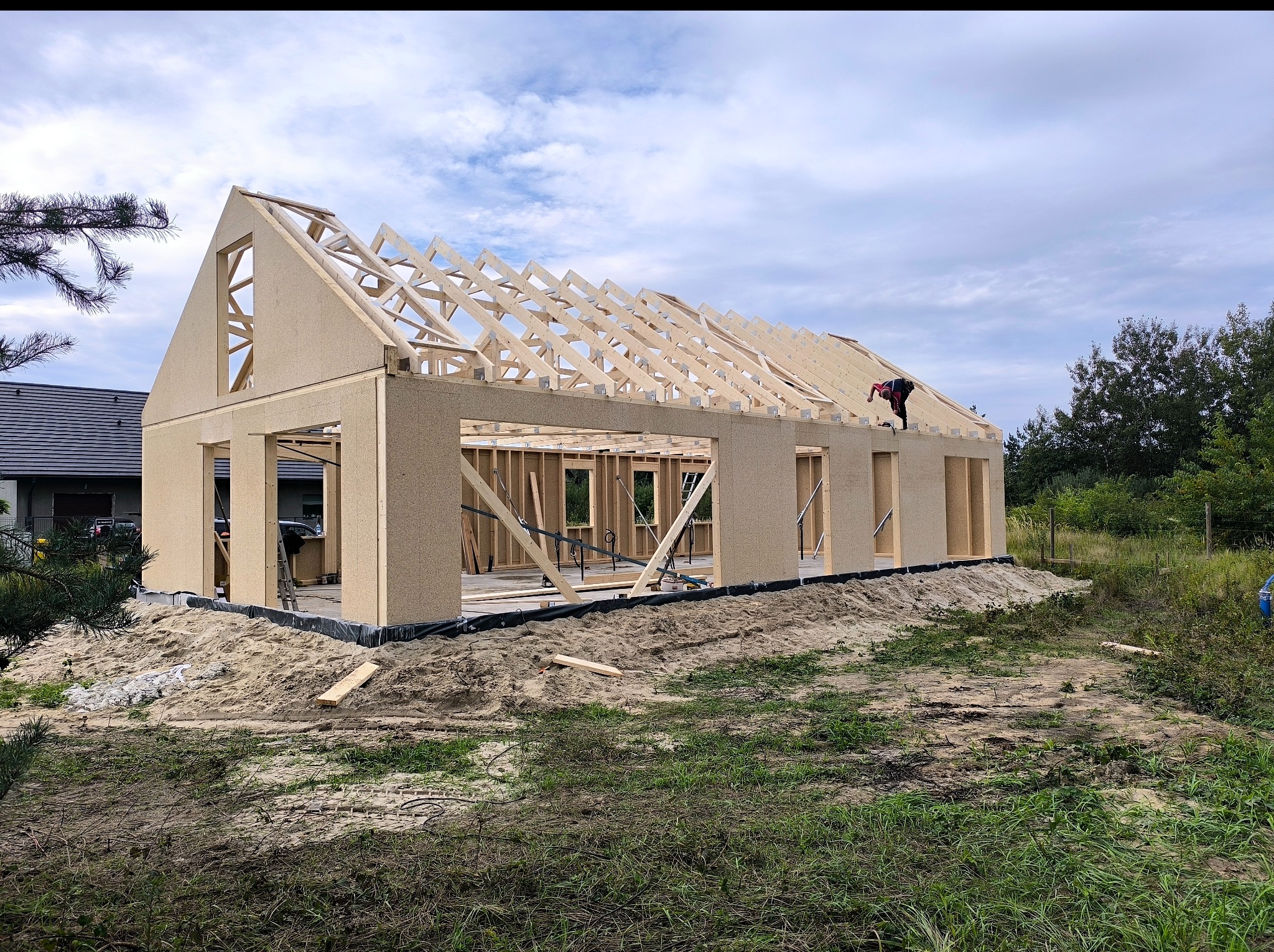 Konstrukcja domu szkieletowego w trakcie budowy: widoczne ściany z płyt OSB, drewniany szkielet dachu, pracownik na dachu. Tło: zieleń i błękitne niebo.