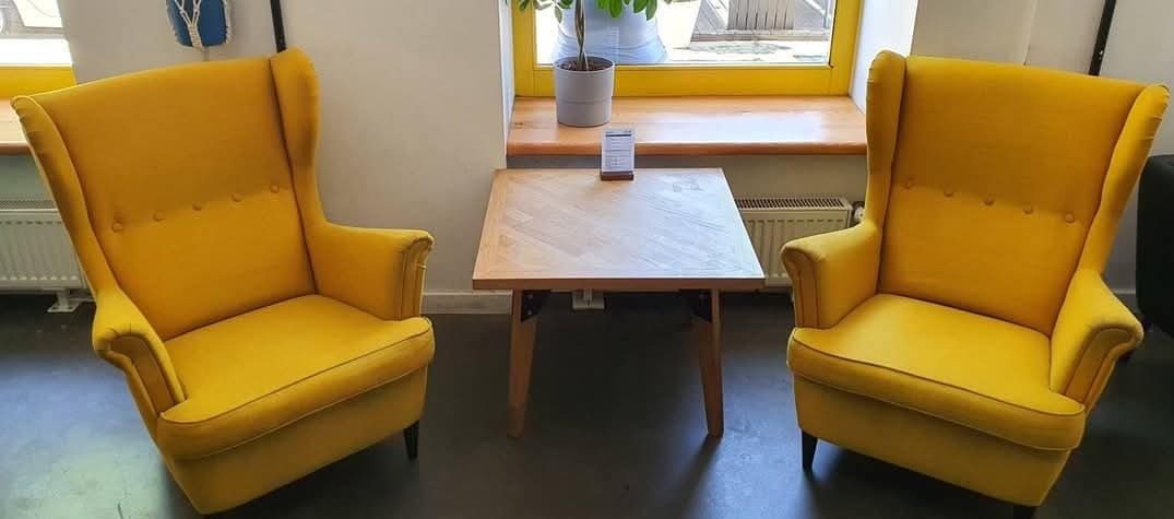 Dwa żółte fotele typu uszak, ustawione symetrycznie po obu stronach drewnianego stolika kawowego na tle okna z rośliną doniczkową.