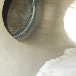 Wnętrze metalowej rury z widocznym, świeżo wykonanym spoiwem. Spaw na okręgu, widoczna faktura metalu i ślady obróbki. Oświetlenie naturalne.