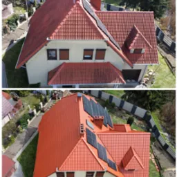 Dachówka ceramiczna po renowacji i montaż paneli słonecznych w Nowej Soli, widok z góry. Porównanie stanu dachu przed i po odświeżeniu, z uwzględnieniem instalacji paneli.