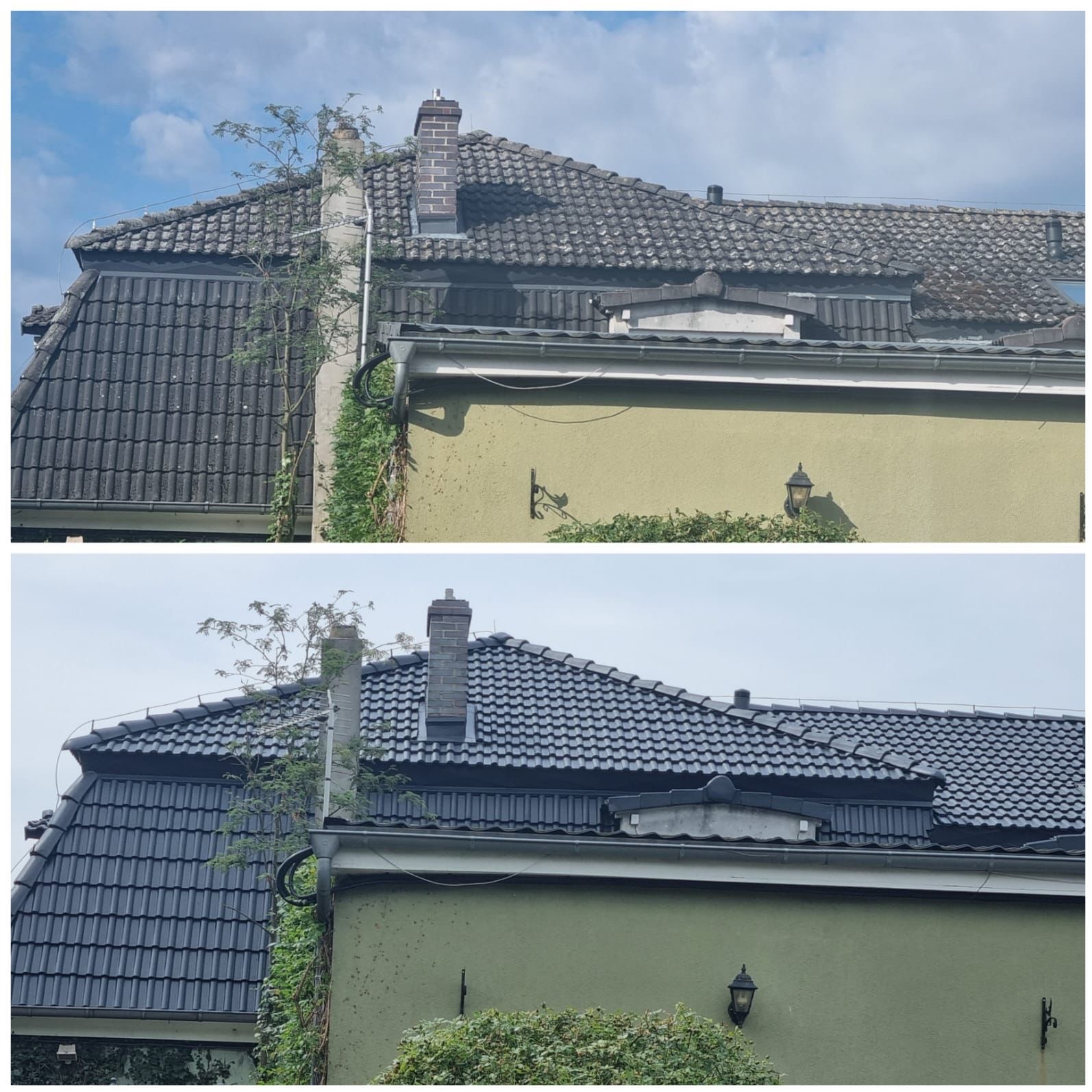 Zdjęcie dachu przed i po renowacji. Górna część ukazuje dach pokryty mchem, dolna część po czyszczeniu i odnowieniu, z widoczną różnicą w kolorze i czystości.