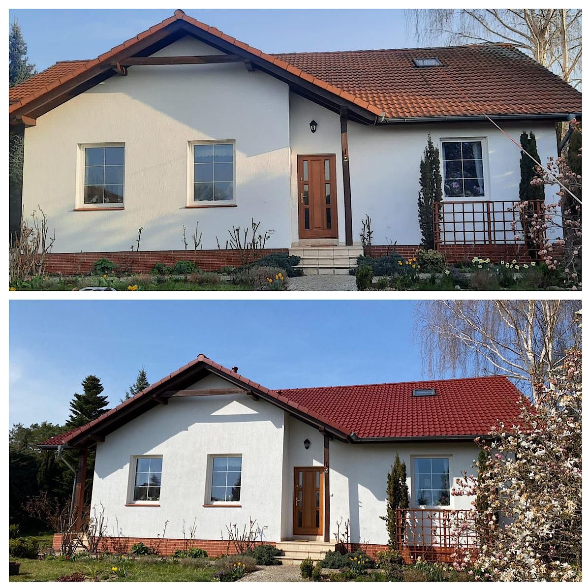 Zdjęcie 'przed i po' prezentujące dom z odnowioną elewacją i dachem w słoneczny dzień. Widoczne zmiany w kolorystyce dachu i detale wykończenia.