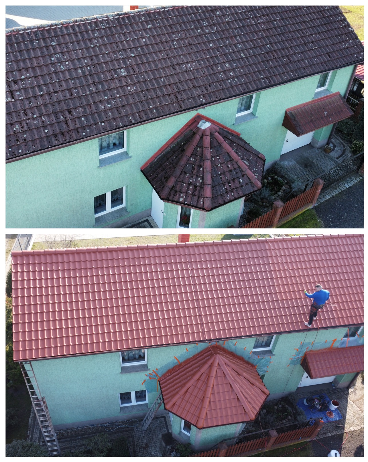 Porównanie stanu dachu przed i po czyszczeniu, z widocznymi różnicami w kolorze i czystości. Na drugim planie pracownik na dachu podczas pracy.