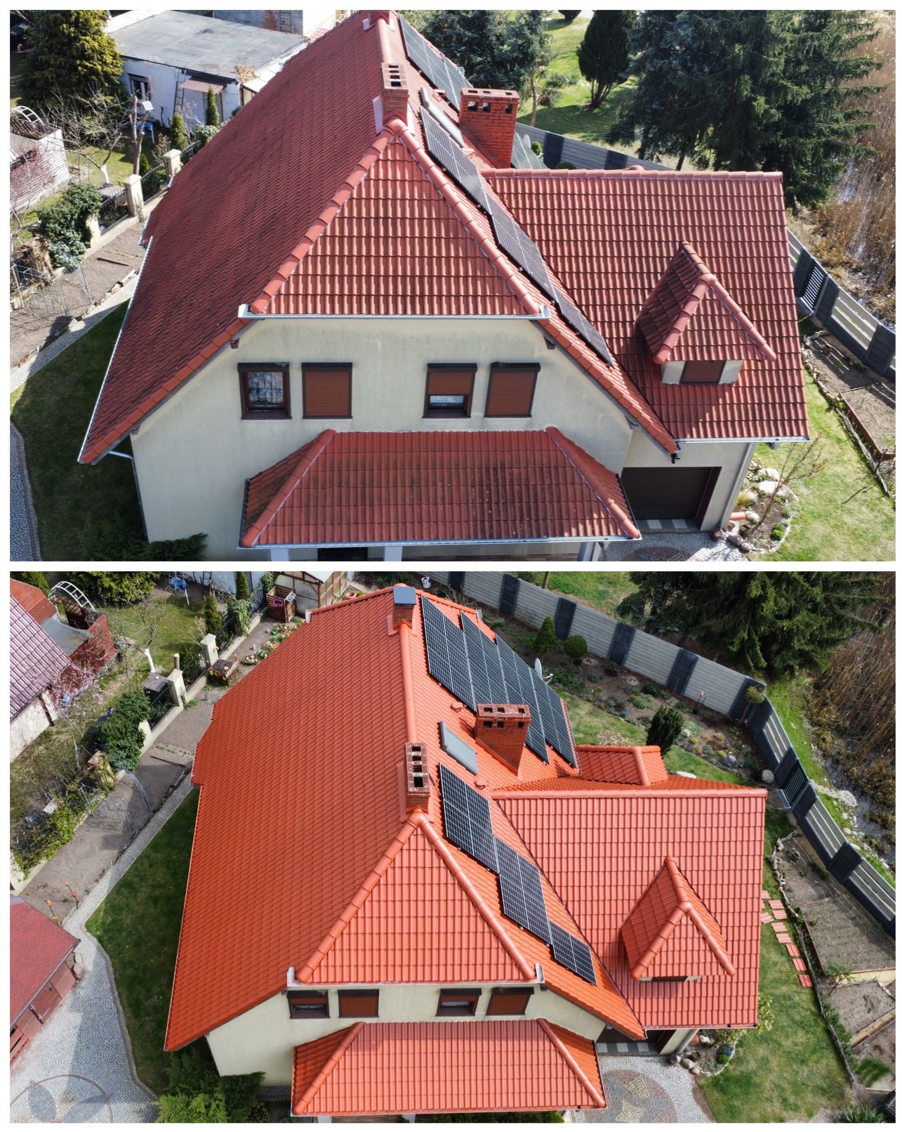 Dachówka ceramiczna po renowacji i montaż paneli słonecznych w Nowej Soli, widok z góry. Porównanie stanu dachu przed i po odświeżeniu, z uwzględnieniem instalacji paneli.