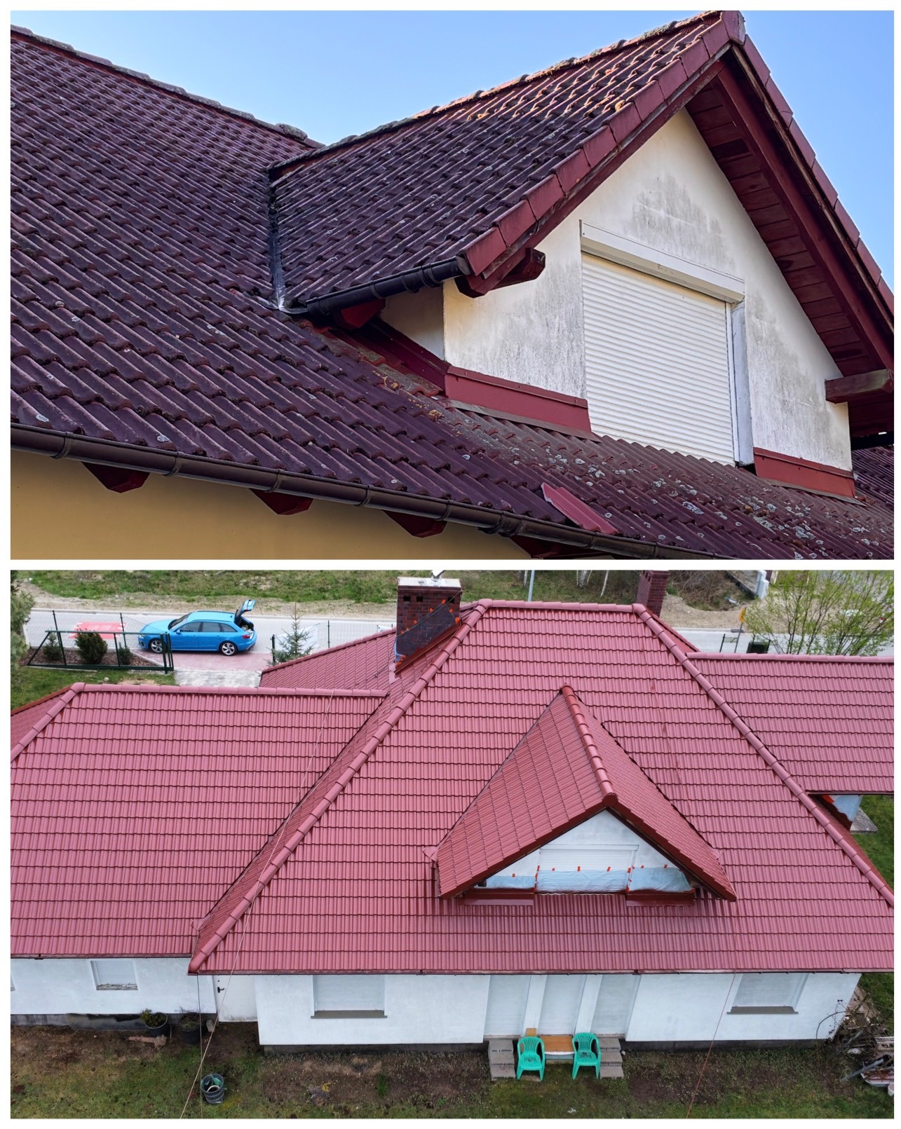 Porównanie dachu przed i po renowacji: stary, z mchem i nowy, czysty, czerwony dachówka. Widoczne okno dachowe i fragment elewacji. Ujęcie z góry.