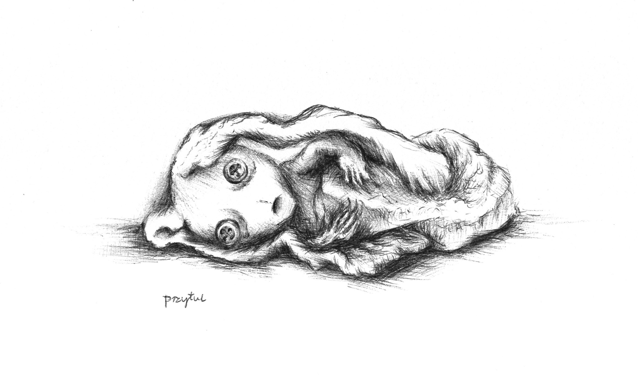 Czarno-biały rysunek przedstawia skuloną postać z dużymi oczami, wykonany techniką ołówkową, z widocznym podpisem autora w lewym dolnym rogu.