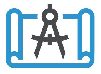 Niebiesko-szary ikoniczny rysunek: cyrkiel kreślarski na tle rozwiniętego planu architektonicznego. Symbolizuje usługi geodezyjne i architektoniczne.