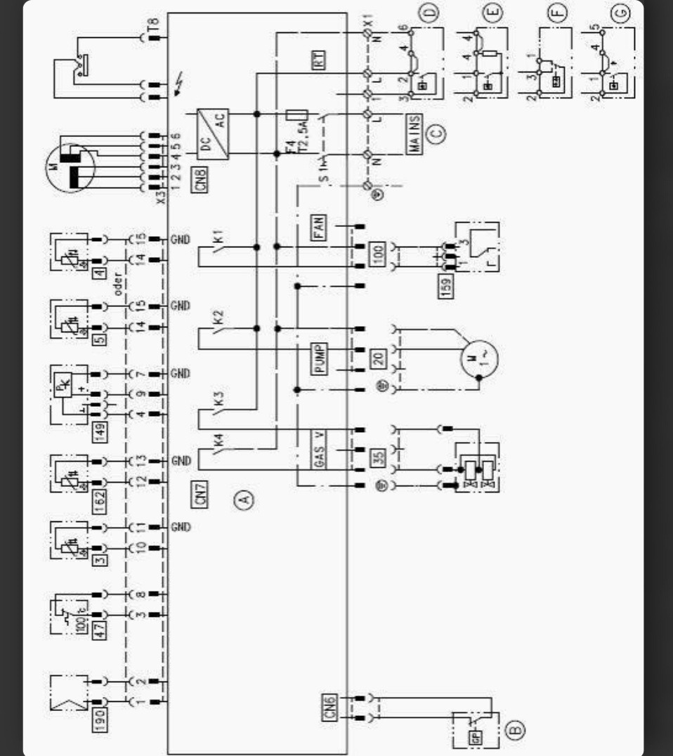 Schemat elektryczny kotła gazowego z oznaczeniami komponentów, symbolami i numeracją, ukazujący złożoność instalacji grzewczej.