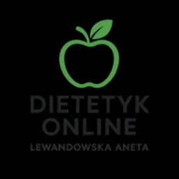 Logo dietetyka online: zielone jabłko z liściem nad napisem 'Dietetyk Online Lewandowska Aneta' na czarnym tle. Minimalistyczny design.