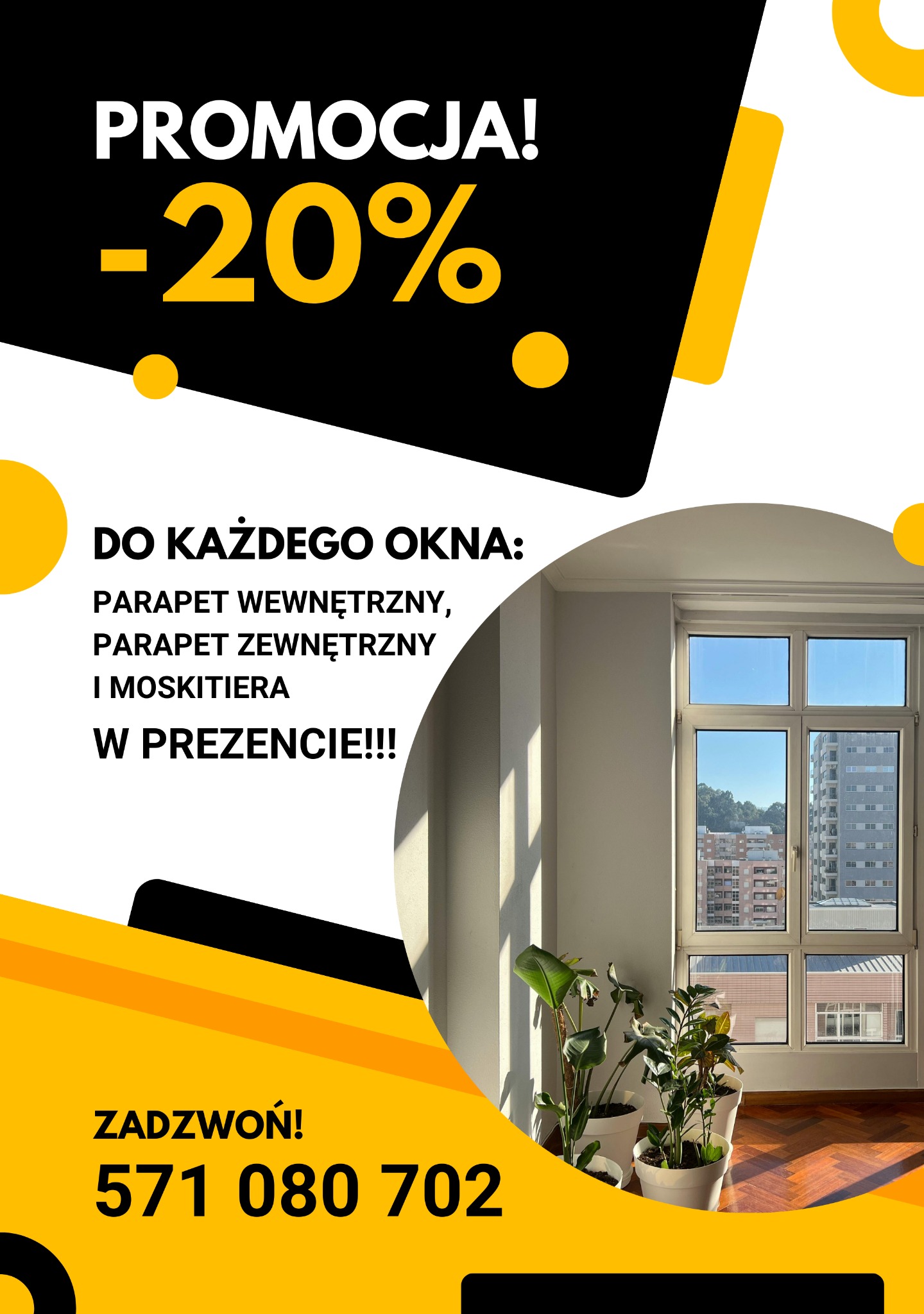 Promocja -20% na okna: parapet wewnętrzny, zewnętrzny i moskitiera w prezencie. Białe okno w pokoju z roślinami i numer telefonu.