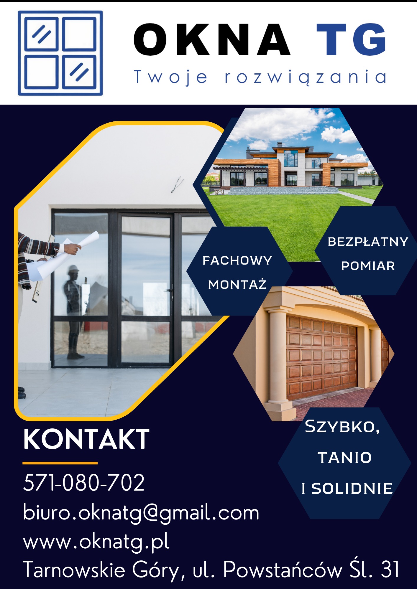 Grafika reklamowa Okna TG: montaż okien i bram garażowych. Architekt z planami przy oknie, dom z oknami, brama garażowa. Szybko, tanio i solidnie. Darmowy pomiar.