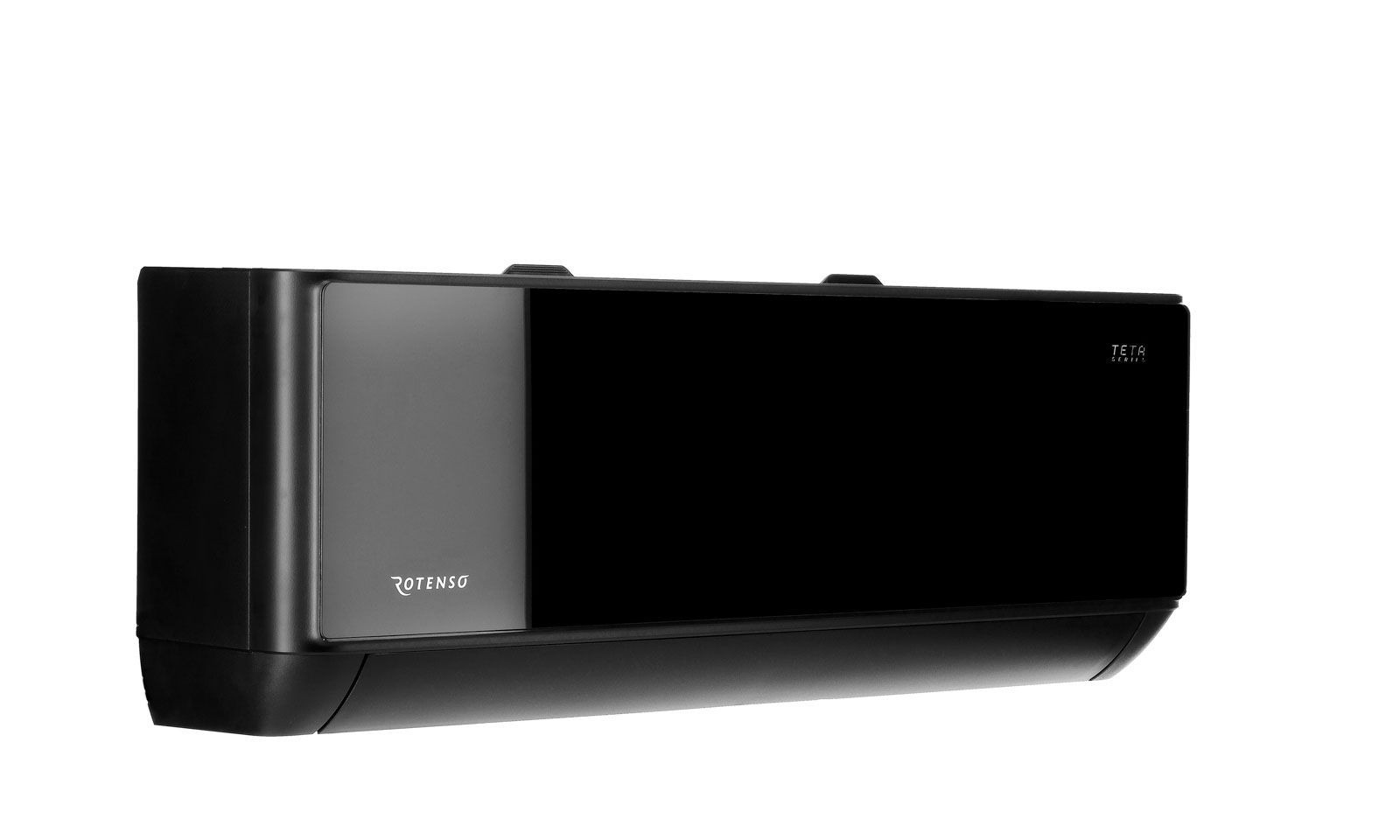 Czarna klimatyzacja Rotenso Teta Mirror z połyskującym panelem bocznym, widoczna z boku na białym tle. Minimalistyczny design.