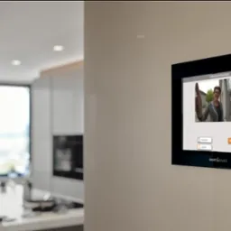 Panel wideodomofonu 'Smart Place' na ścianie, wyświetlający obraz osoby dzwoniącej. W tle widoczna nowoczesna kuchnia z oknem.