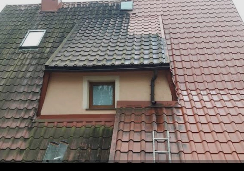 Częściowo umyty dach z dachówki ceramicznej, widoczna wyraźna różnica między czystą a zabrudzoną powierzchnią. Metalowa drabina oparta o dach.