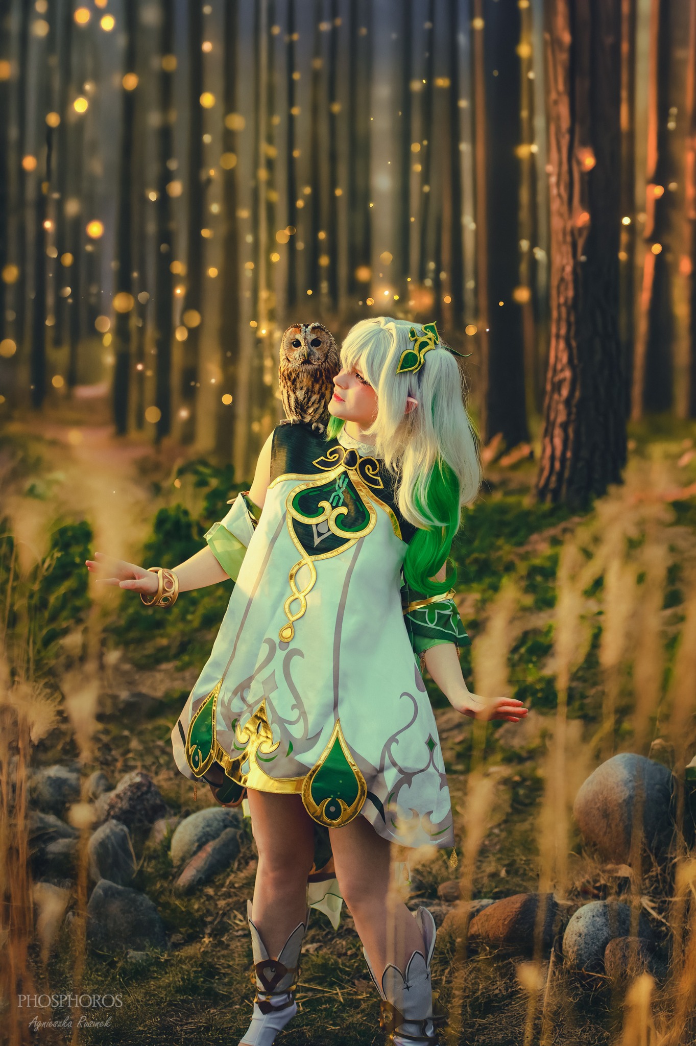 Kobieta w kostiumie fantasy z sową na ramieniu, w zalesionym otoczeniu z rozproszonymi światłami, stylizowane na sesję zdjęciową w konwencji baśniowej.