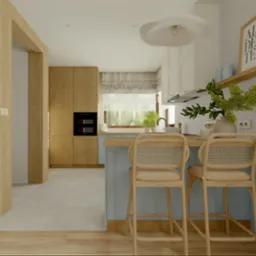 Wizualizacja kuchni z wyspą, drewnianymi szafkami i rattanowymi krzesłami barowymi. Jasne kolory, naturalne światło i nowoczesny design. Elementy dekoracyjne na półce.