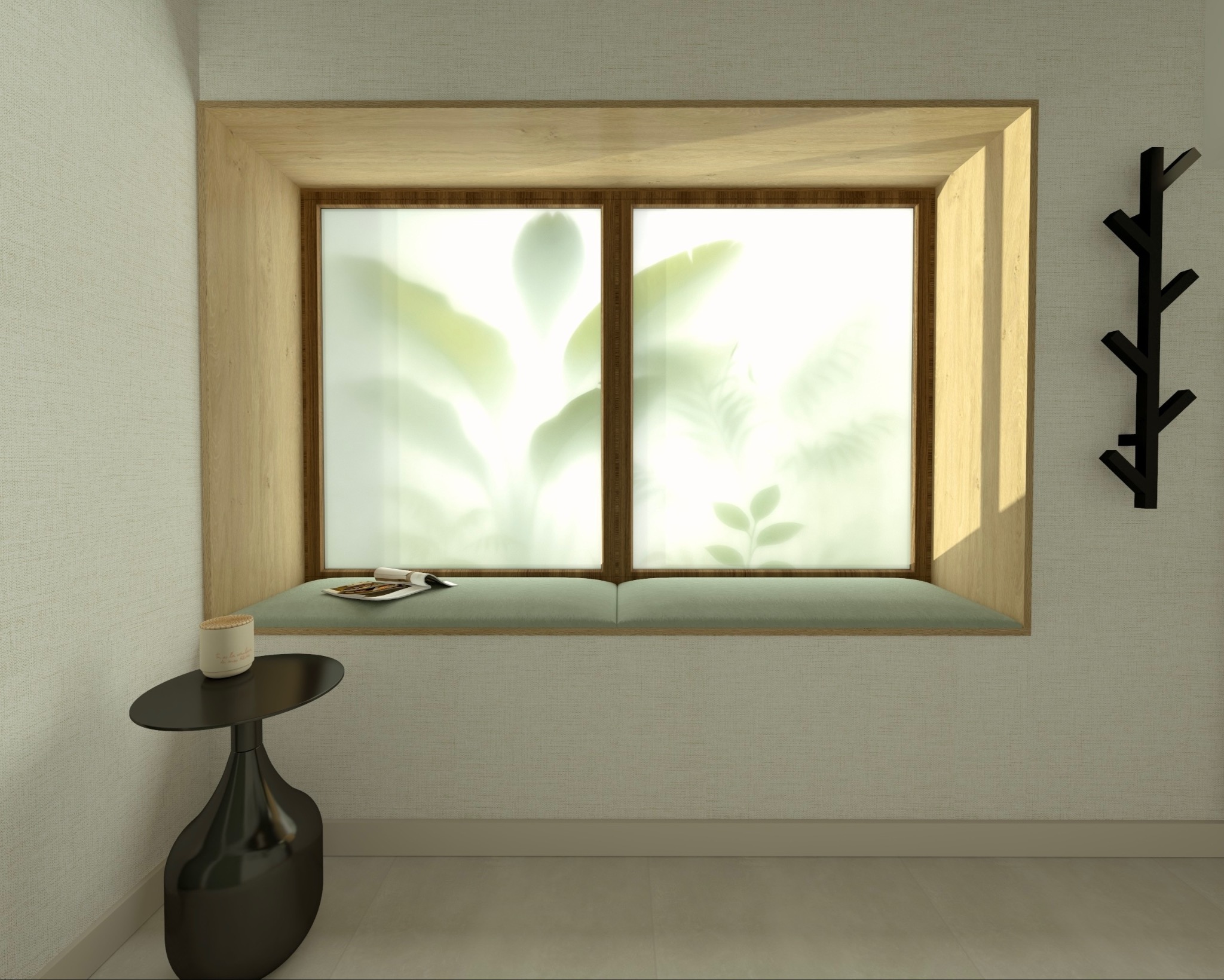 Wizualizacja poczekalni gabinetu fizjoterapii z oknem z siedziskiem, stolikiem i wieszakiem. Dominują jasne, stonowane barwy i naturalne materiały.