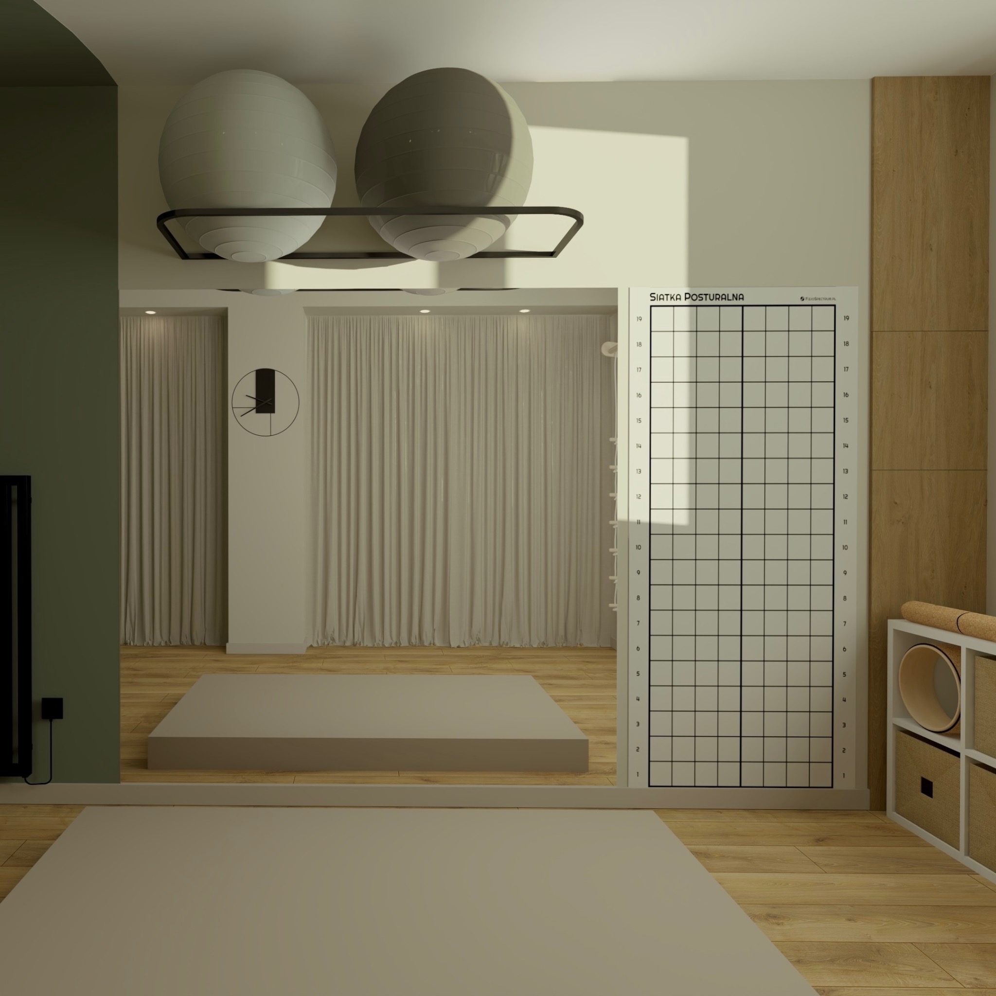 Wnętrze gabinetu fizjoterapii z siatką posturalną, piłkami do ćwiczeń i drewnianą podłogą. Minimalistyczny design, stonowana kolorystyka i naturalne światło.