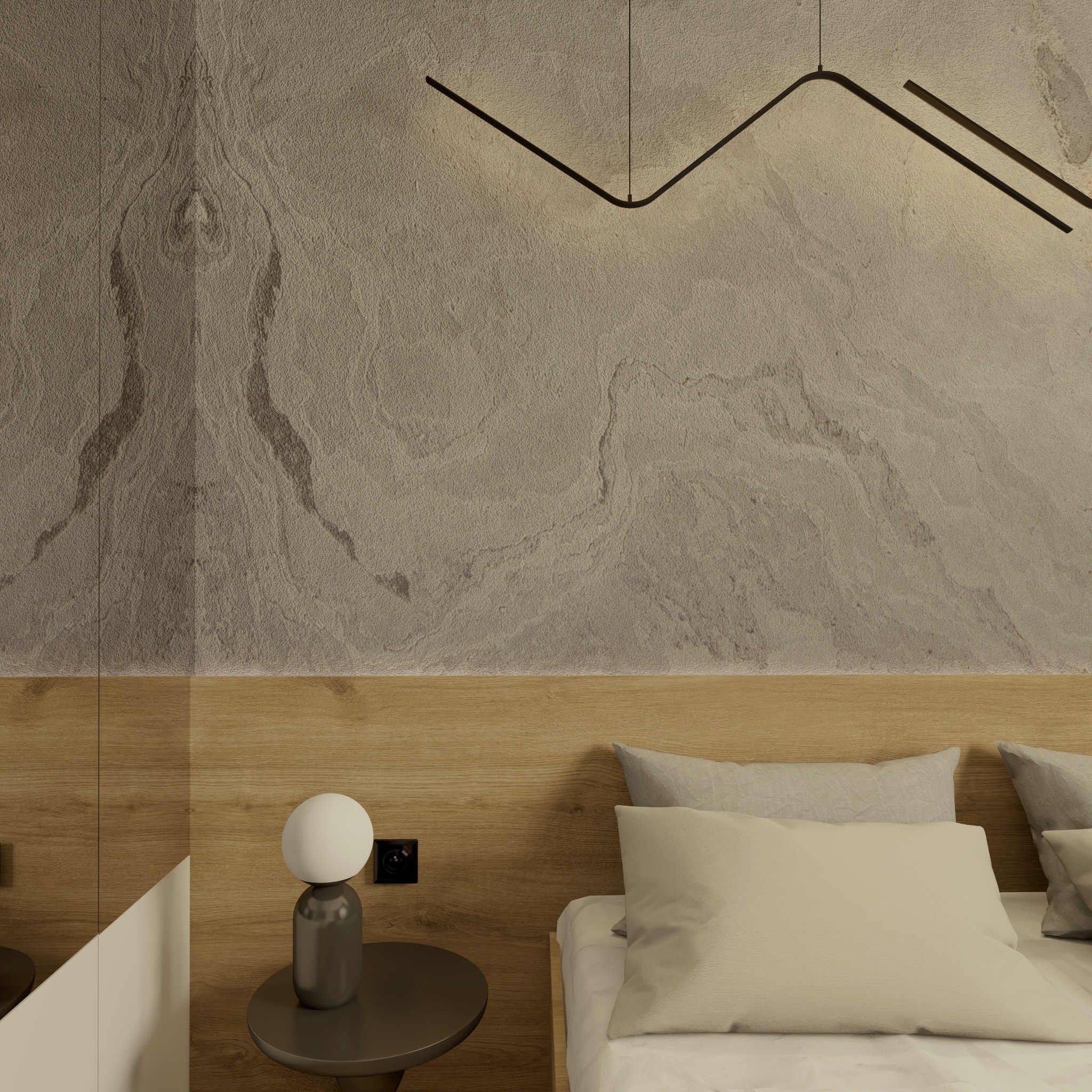 Minimalistyczna sypialnia: łóżko z drewnianym wezgłowiem, lampka nocna na okrągłym stoliku i abstrakcyjna lampa sufitowa na tle ściany z efektem kamienia.